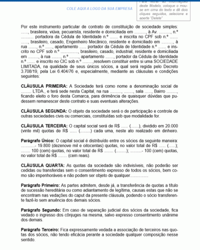 Modelo de Contrato de Sociedade Limitada Cujo Objeto Consiste na Participação e Controle de outras Sociedades Civis ou Comerciais de Quaisquer Modalidades