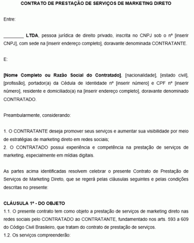 Modelo de Contrato de prestação de serviços de marketing direto