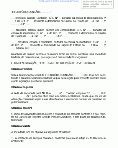 Modelo de Contrato de Sociedade Simples Cujo Objetivo da Sociedade Constitui-se na Prestação de Serviços Contábeis