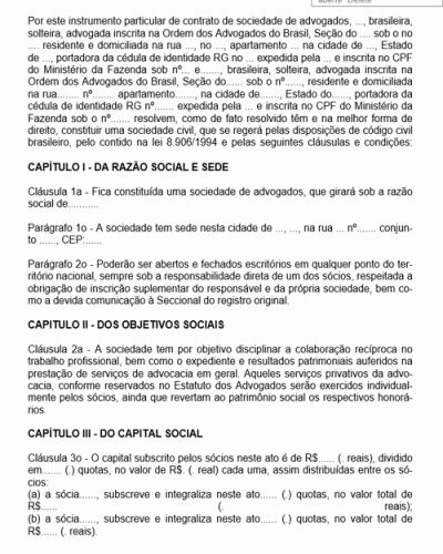 Modelo de Contrato de Sociedade Simples Cujo Objetivo Consiste na Prestação de Serviços Advocatícios