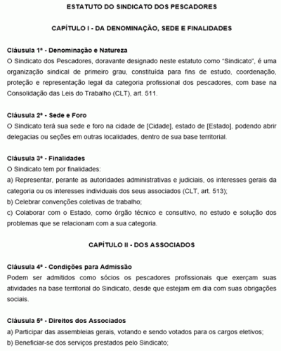 Modelo de Estatuto do sindicato dos pescadores