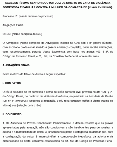 Modelo de Alegações Finais da Defesa em caso de Lesão Corporal Leve sob a Lei Maria da Penha