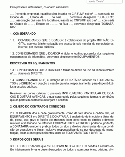 Modelo de Contrato de Doação de Bens Móveis Praticado por Empresa Particular em Favor de Escola Pública