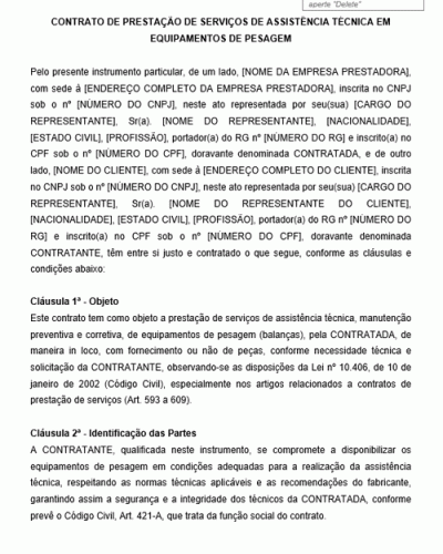 Contrato de Prestação de Serviço de Assistência Técnica de equipamentos de pesagem