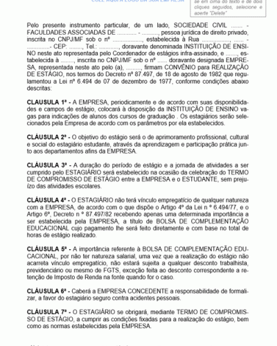 Modelo de Contrato de Estágio para Indicações de Alunos dos Cursos de Graduação