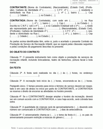 Modelo de Contrato de Recreação Infantil