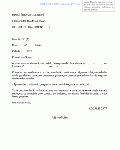 Modelo de Carta de Registro de Obra