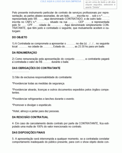 Modelo de Contrato de Serviços Artísticos Consistentes em Animação de Baile por Banda Musical