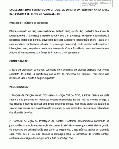 Modelo de Contestação à Ação de Prestação de Contas Cumulada com Cobrança de Aluguel