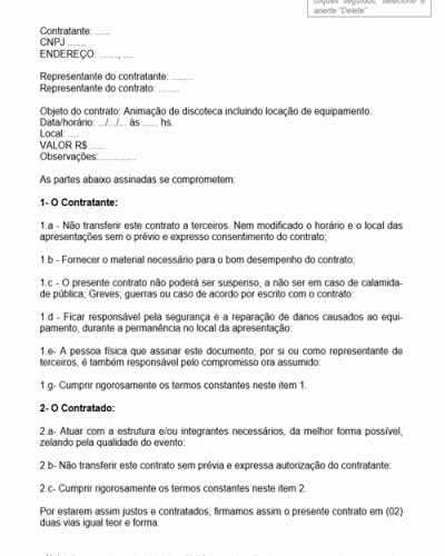 Modelo de Contrato de Serviços Musicais Cujo Objeto é Animação de Discoteca e Locação de Equipamento Musical