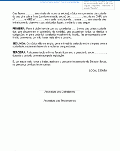 Modelo de Contrato de Distrato de Extinção por Cisão