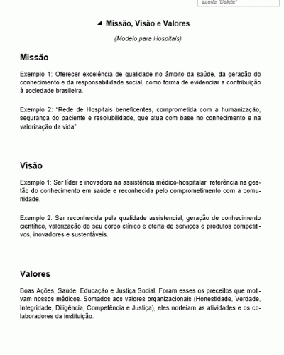 Modelo de Processo da Qualidade - Modelo Missão Visão Valores para Hospitais - Requisitos Estratégicos SGQ