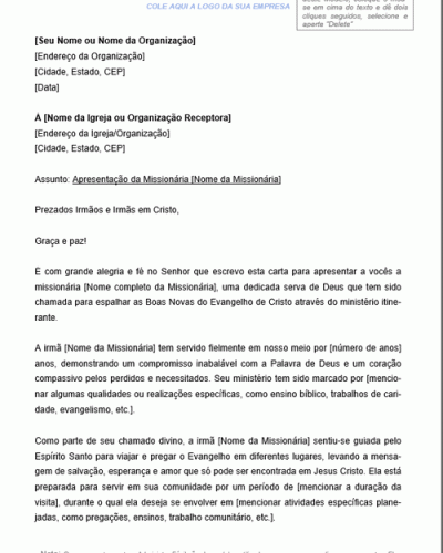 Modelo de Carta de Apresentação para Missionária Itinerante