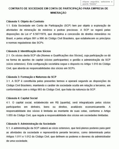 Modelo de Contrato de Sociedade em Conta de Participação para Empresa de Mineração