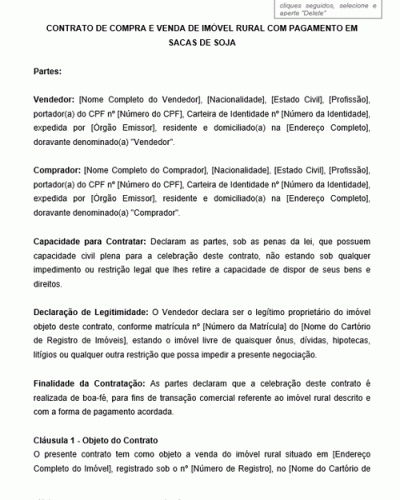 Modelo de Contrato de Compra e Venda de imóvel rural com pagamento em sacas de Soja