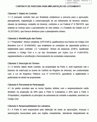 Modelo de Contrato de Parceria para Implantação de Loteamento