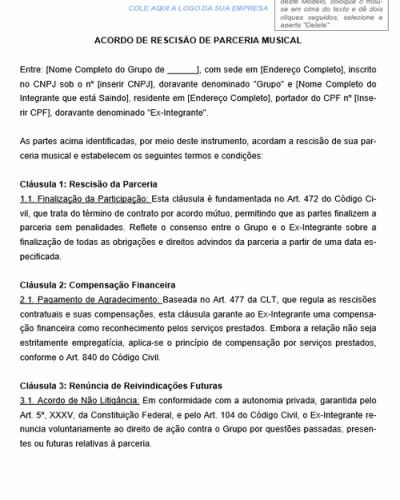 Exemplo de Acordo de Rescisão de Parceria Musical