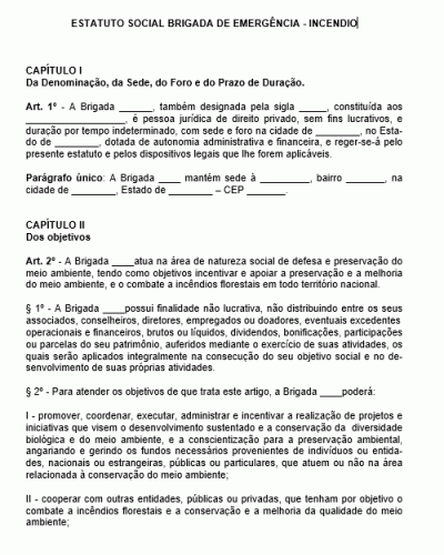 Modelo de Estatuto Social para Brigada de Emergência - Incêndio - Completo com 41 Artigos