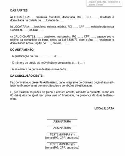 Modelo de Aditamento a Contrato de Locação