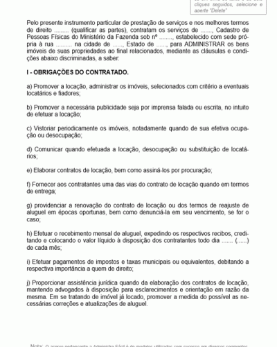 Modelo de Contrato de Administração de Bens Imóveis para Locação e Conservação de Imóveis da Parte Contratante