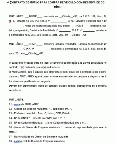 Contrato de Mútuo para Compra de Veículo com Reserva de Domínio