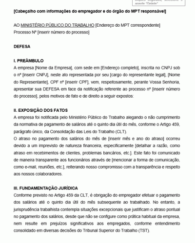 Modelo de Defesa em Processo Administrativo do MPT por Atraso no Pagamento de Salários