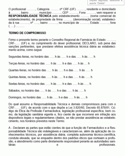 Modelo de Carta de solicitação de Responsabilidade Técnica Farmácia