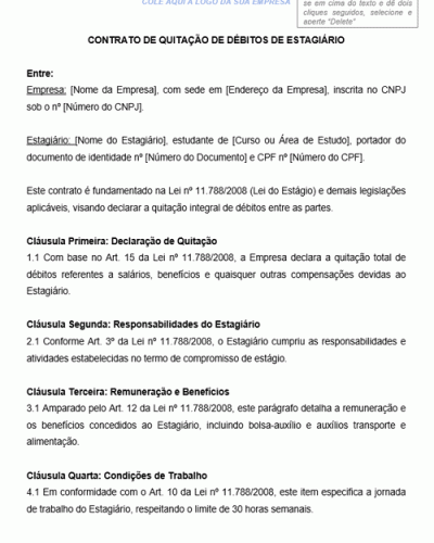 Modelo de Contrato de Quitação de Débitos de Estagiário