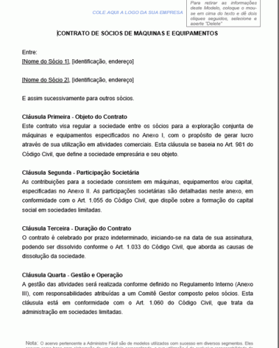 Modelo de Contrato de sócios de máquinas e equipamentos