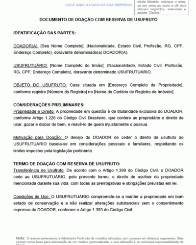 Modelo de Documento de doação com reserva de usufruto