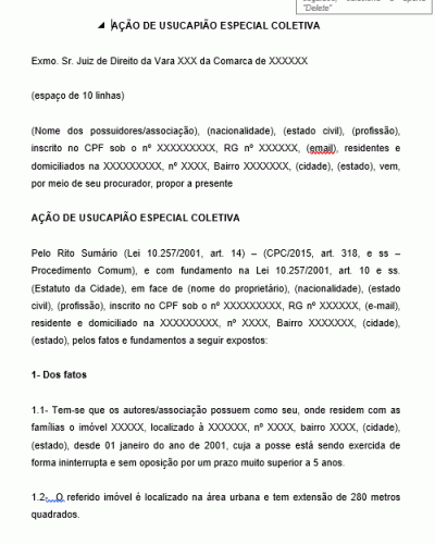 Modelo de Ação de Usucapião Especial Coletiva - Urbano - Imóvel - Conforme Novo CPC