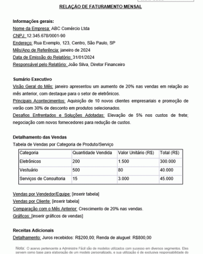 Modelo de Relação de Faturamento Mensal