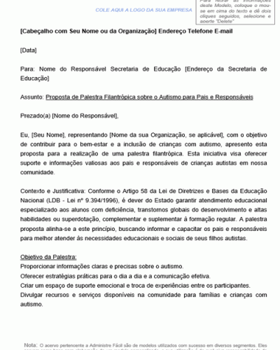 Modelo de Proposta de Palestra sobre Autismo para a Secretaria de Educação