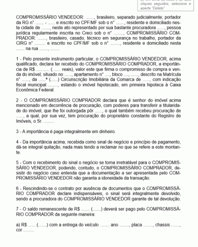 Modelo de Contrato de Compra e Venda de Imóvel Residencial Recibo de Sinal