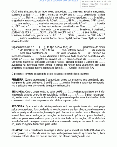 Modelo de Contrato de Compra e Venda de Imóvel Residencial Financiado Cujo Saldo Devedor e Assumido pelo Comprador