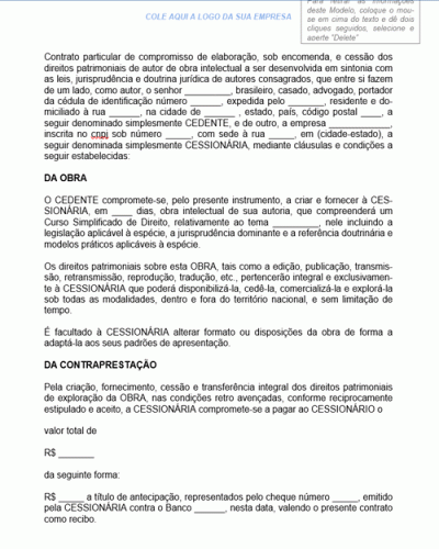 Modelo de Contrato de Compromisso de Elaboração e Cessão de Direitos Patrimoniais de Autor sobre obra Intelectual