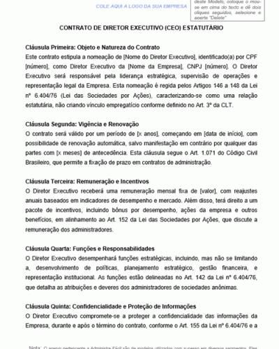 Modelo de Contrato de Diretor Executivo CEO Estatutário