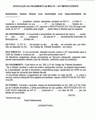 Modelo de Requerimento para Devolução do Pagamento de Multas de Transito – AIT Improcedente