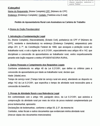 Modelo de Requerimento de Aposentadoria Rural com Comprovação de Tempo de Serviço por Meio de Carteira de Trabalho