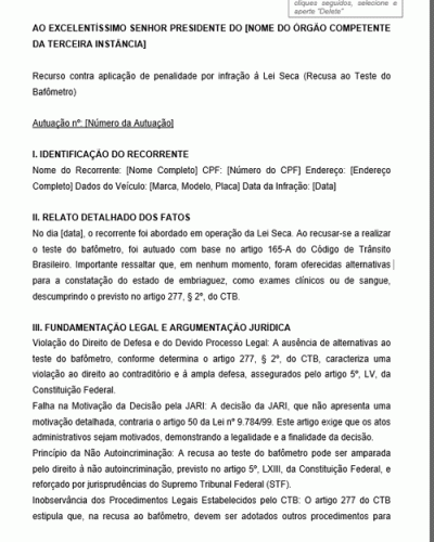 Modelo de Recurso Administrativo contra Penalidade por Infração à Lei Seca Recusa ao Teste do Bafômetro