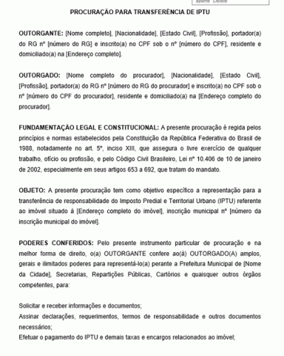 Modelo de Procuração para Transferência de Responsabilidade do IPTU