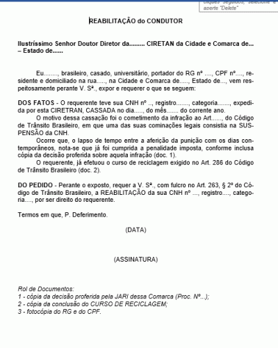 Modelo de Requerimento para Reabilitação do Condutor - Carteira de Motorista