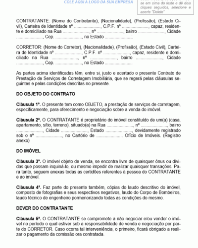 Modelo de Contrato de Corretagem Imobiliária para Venda de Imóvel