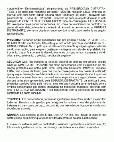 Modelo de Contrato de Distrato Amigável de Contrato de Corretagem Imobiliária