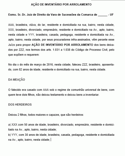 Modelo de Ação de Inventário por Arrolamento - Bens Móveis e Imóveis a serem Incluídos no Inventário