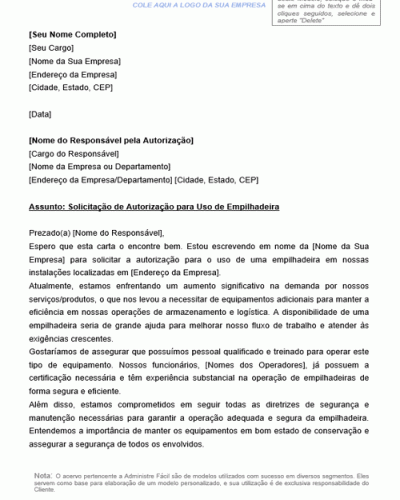 Modelo de Carta de Solicitação de Autorização para Uso de Empilhadeira