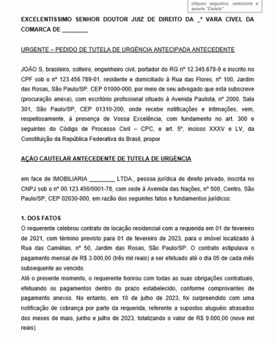 Modelo de Ação Cautelar Antecedente de Tutela de Urgência para Prevenção de Negativação Indevida do Nome