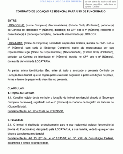 Modelo de Contrato de locação residencial para uso de funcionário