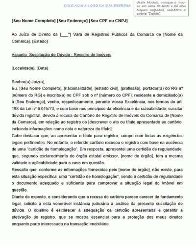 Modelo de Petição de Suscitação de Dúvida Registral ao Juízo de Direito da Vara de Registros Públicos