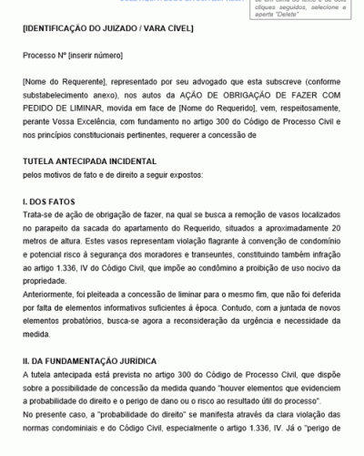 Modelo de Petição de Tutela Antecipada Incidental em Ação de Obrigação de Fazer com Pedido de Remoção de Vasos em Parapeito de Sacada